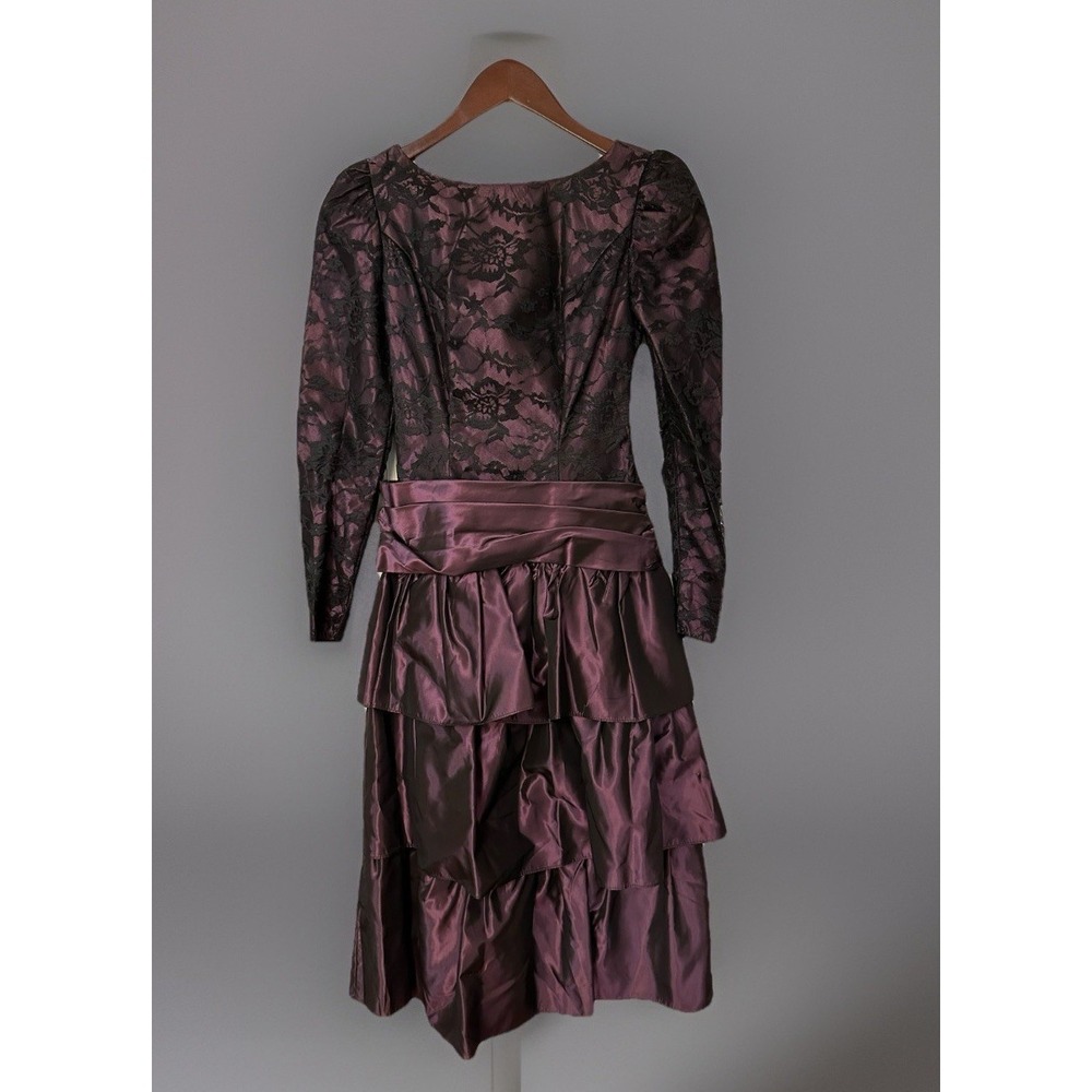 VTG House Of Blanche 80s Metallic Purple Puff Sleeve Lace Prom Formal Dress Sz 4